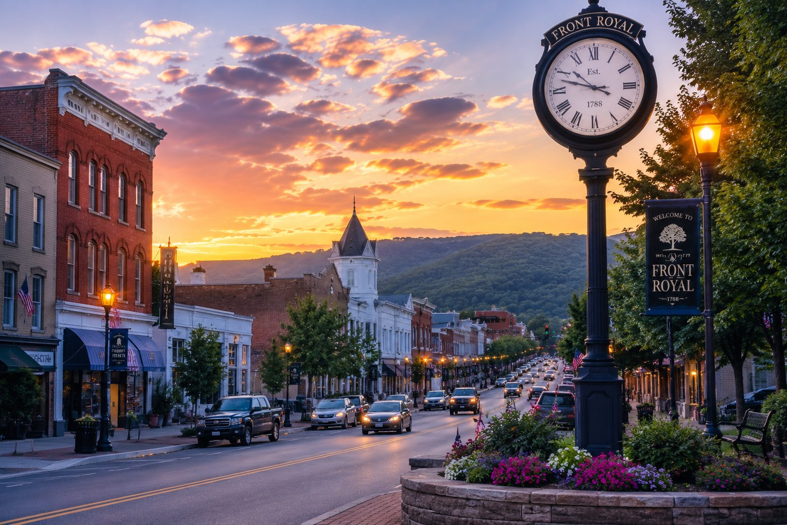 Historic downtown Front Royal at sunset with the Blue Ridge mountains, near our Skyline office